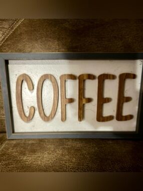 Rustic Coffee Wall Sign - blue Gray Frame with Wood Lettering